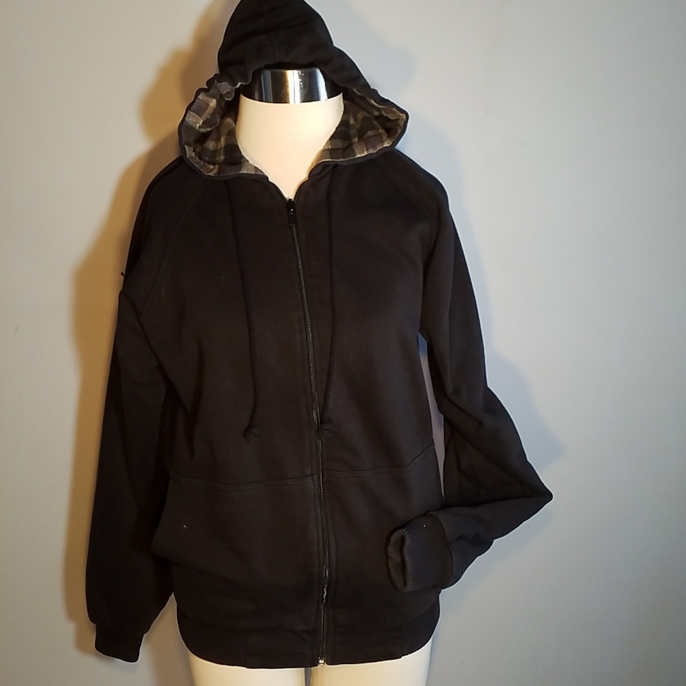 REVERSIBLE HOODIE Black Solid To Brown Plaid Flannel